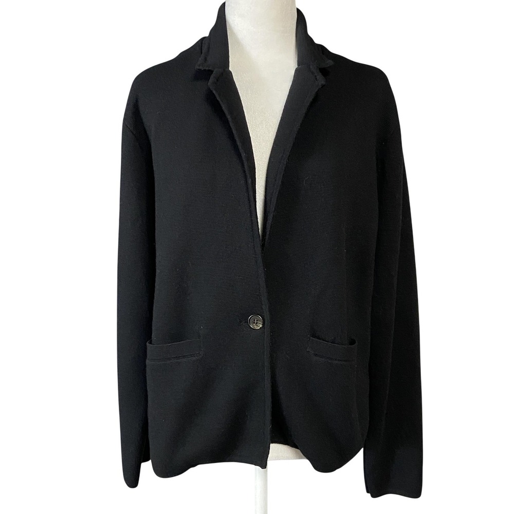 J.CREW Cardigan Sweater Womens XL Black Merino Cotton Waffle Knit Pockets K1754